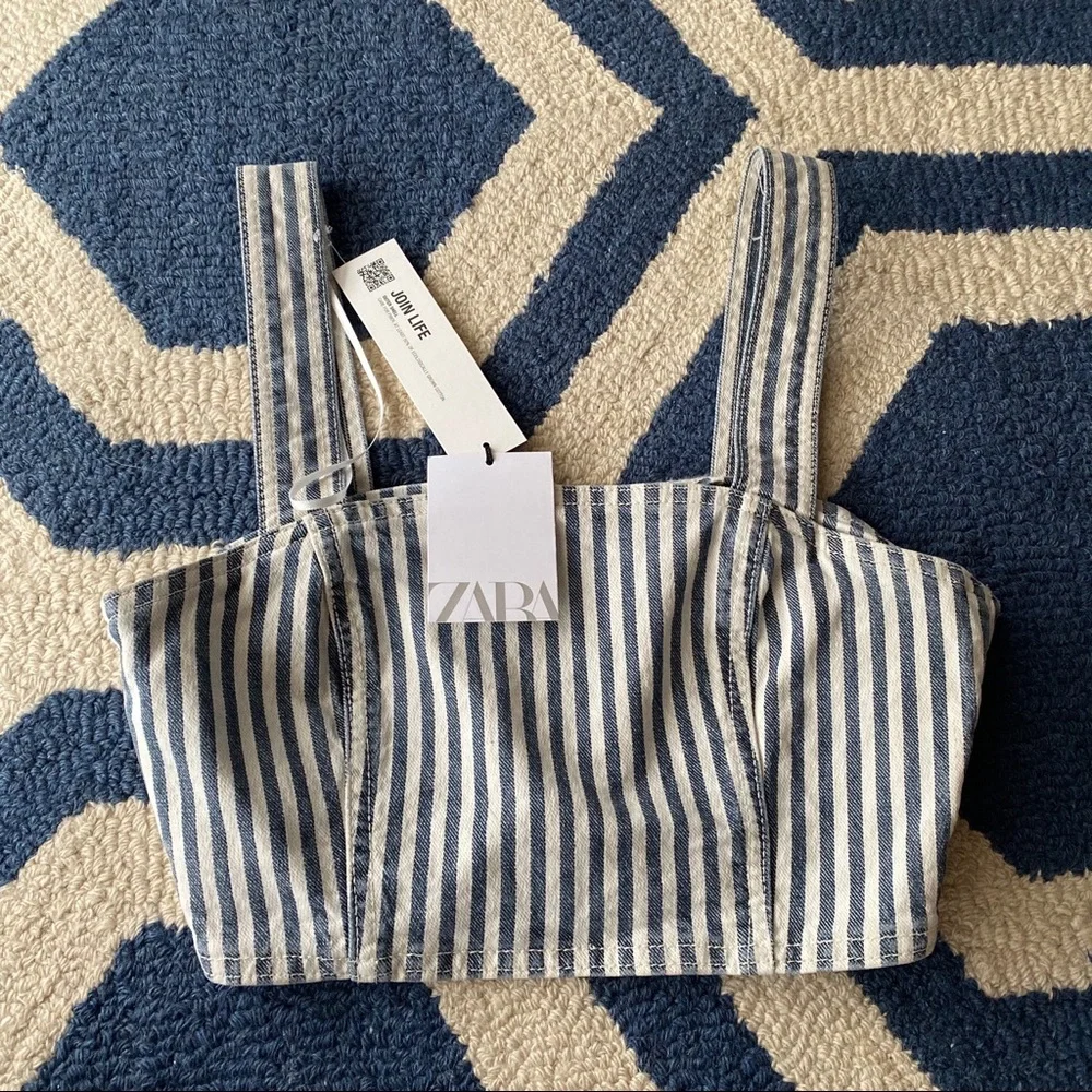 💙 ZARA BLUE IVORY STRIPE DENIM CROP TOP! - Picture 8 of 13